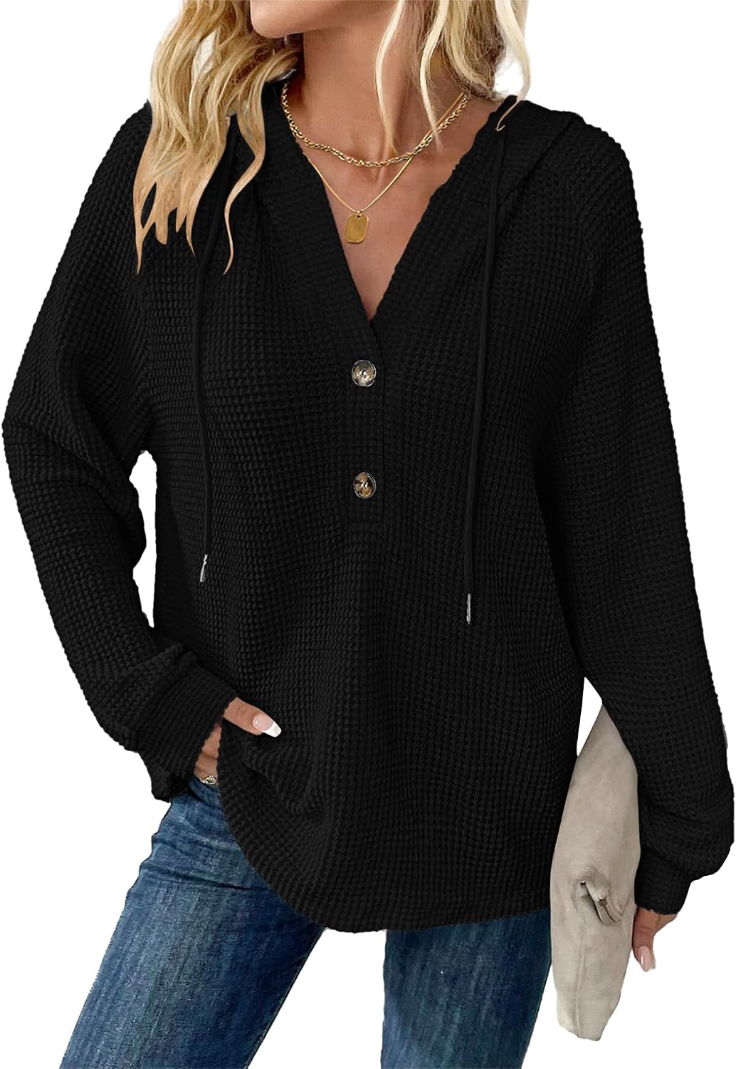 Waffle Knit Button Hoodie Top