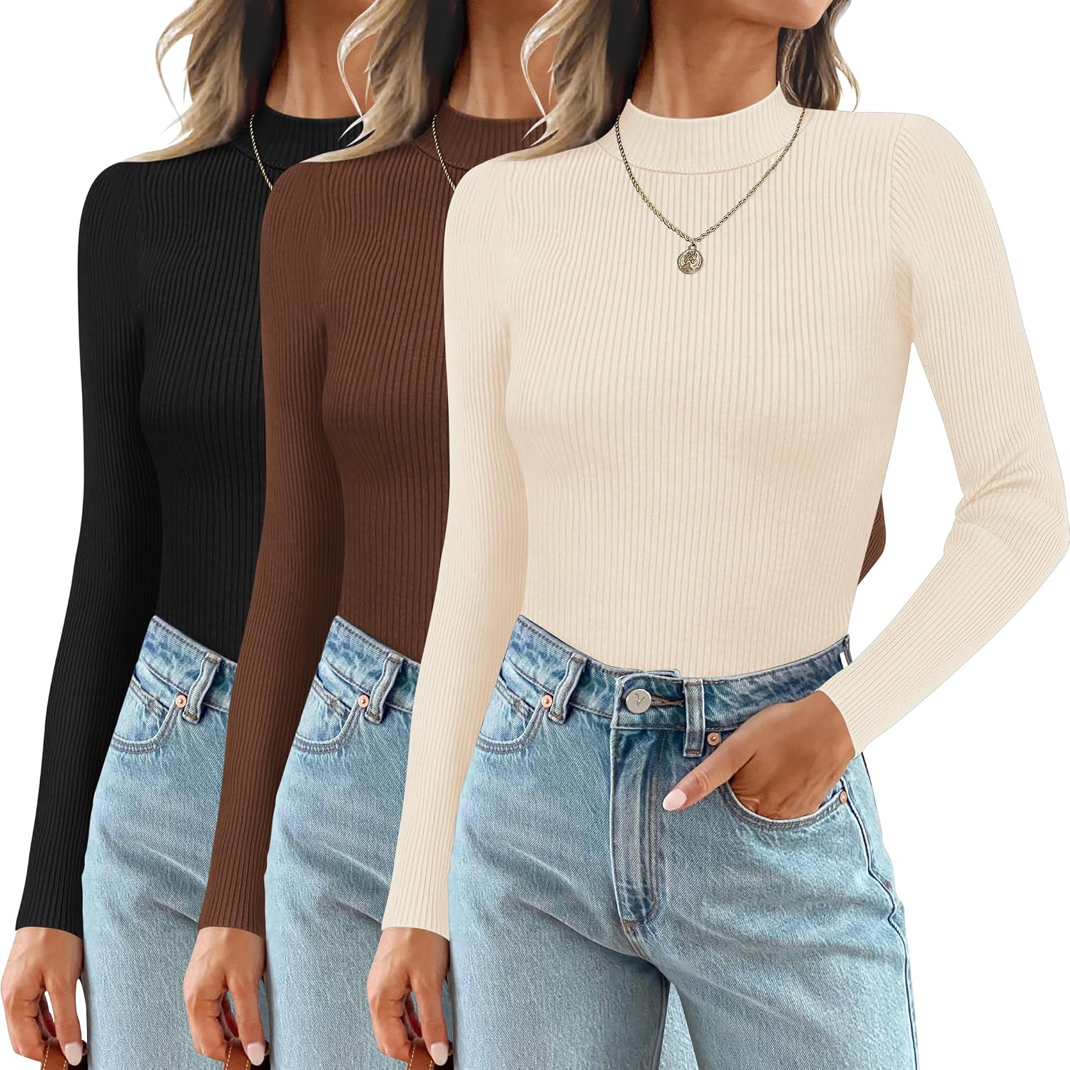 3 Pack Ribbed Mock Turtleneck Tops