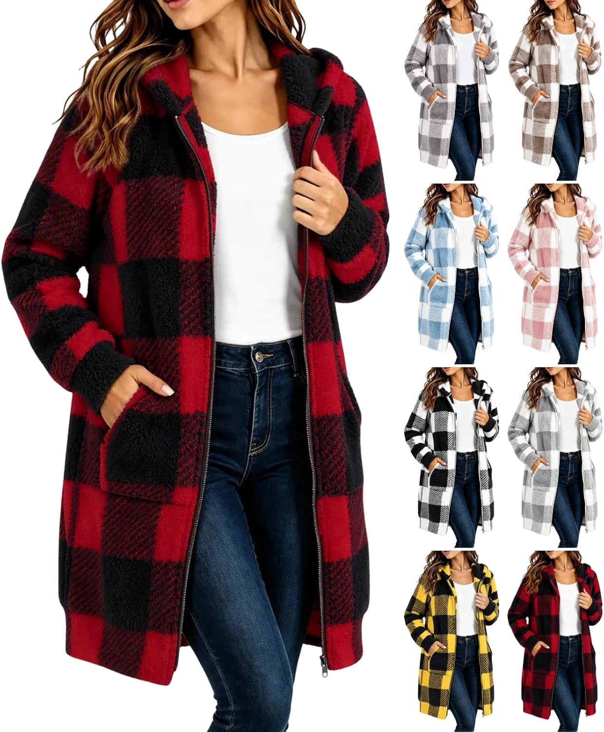 Plaid Sherpa Fleece Hooded Jacket